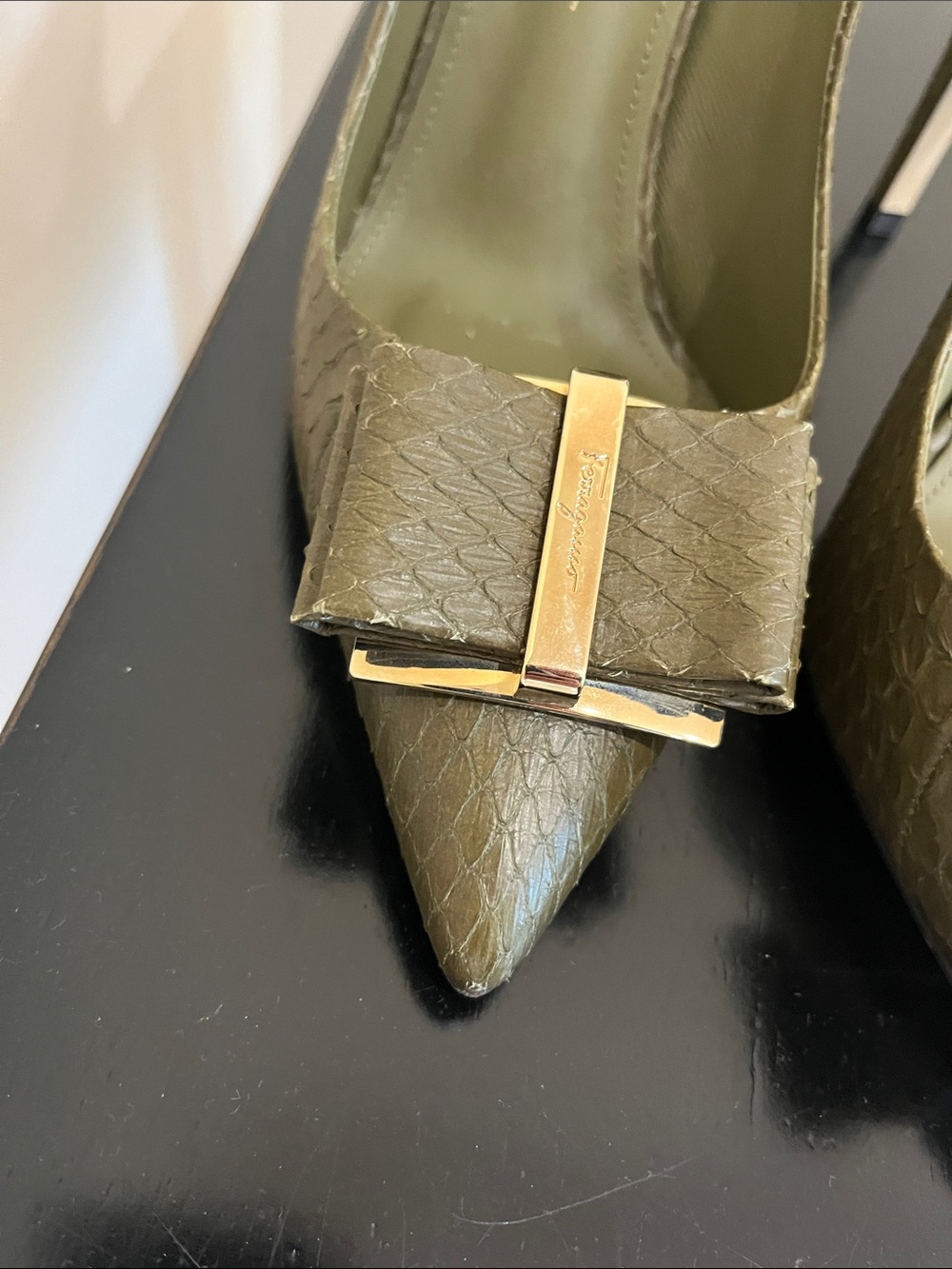 Salvatore Ferragamo Olive Green Pointed Toe Bow Pumps with Gold Accent - Picture 7 of 16